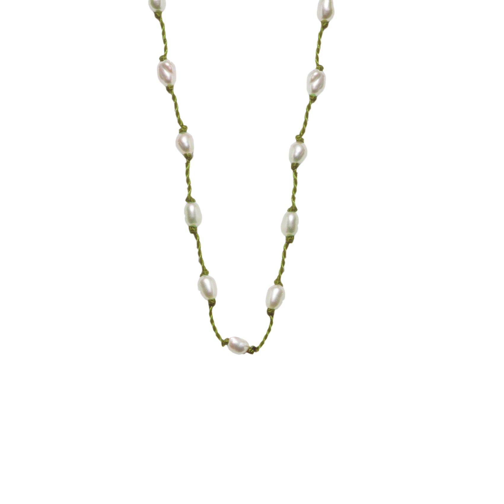 Silver Beady Beat Necklace with Pearl Beads and 42cm Olive Green Cord