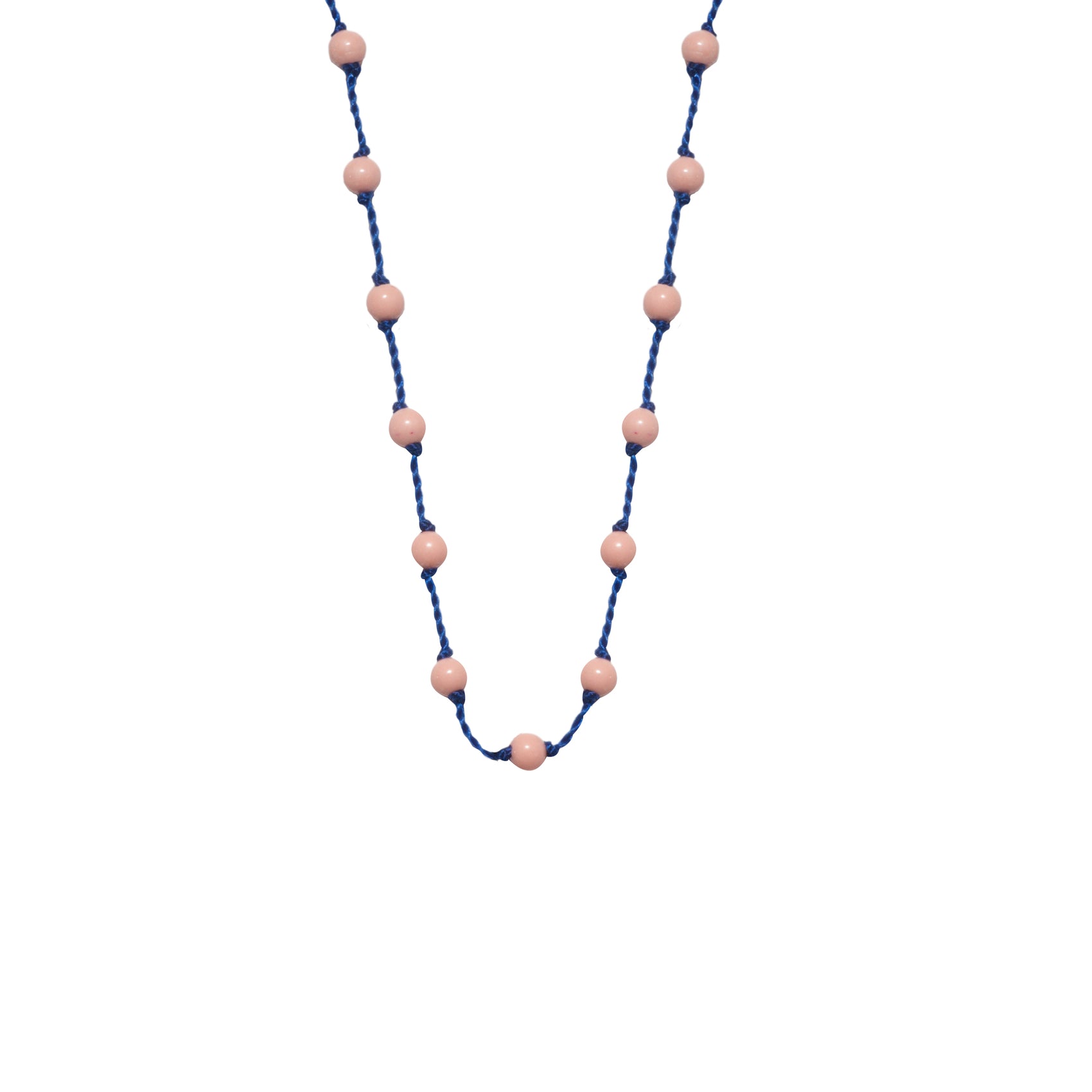 Silver Beady Beat Necklace with Baby Pink Coral Beads and 42cm Blue cord