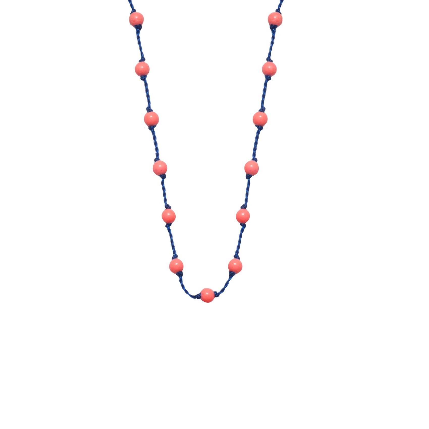 Silver Beady Beat Necklace with Coral Beads and 42cm Blue Cord