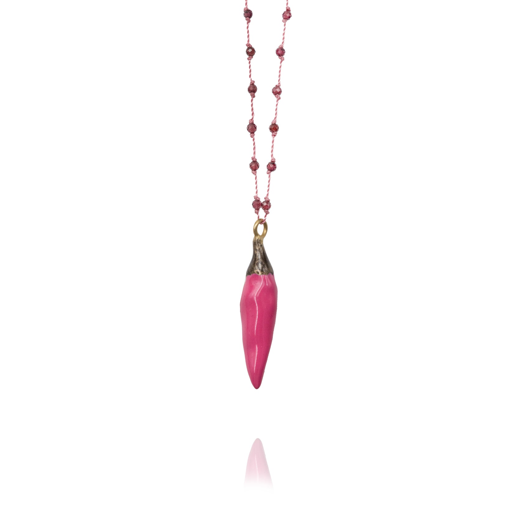 Necklace Soo Hot Chili with Large Magenta Pepper, Pink Cord and Garnet Beads