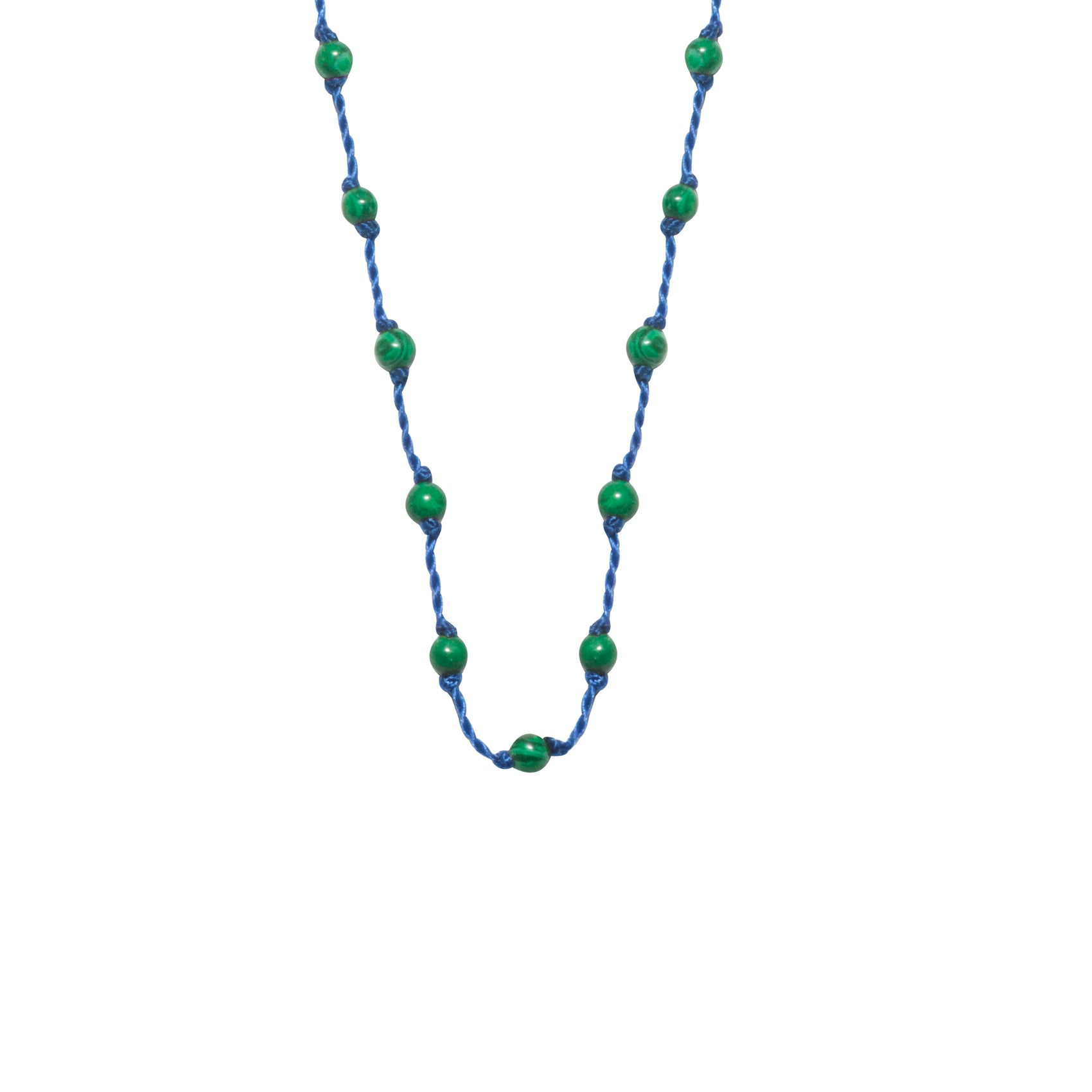 Silver Beady Beat Necklace with Malachite Beads and 42cm Blue Cord