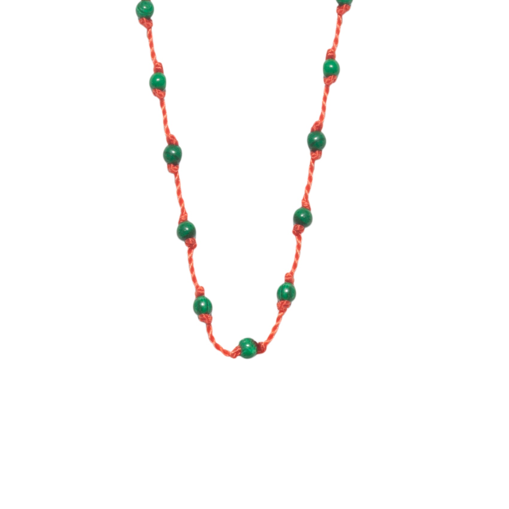 Silver Beady Beat Necklace with Malachite Beads and 42cm Orange Cord