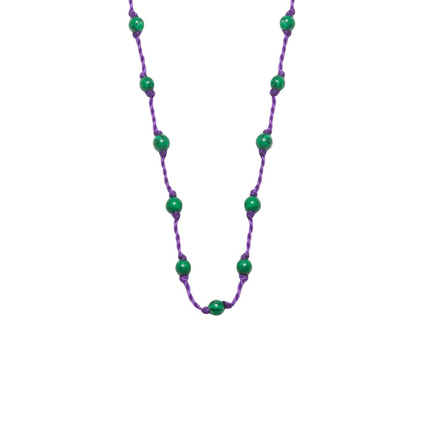 Silver Beady Beat Necklace with Malachite Beads and 42cm Purple Cord