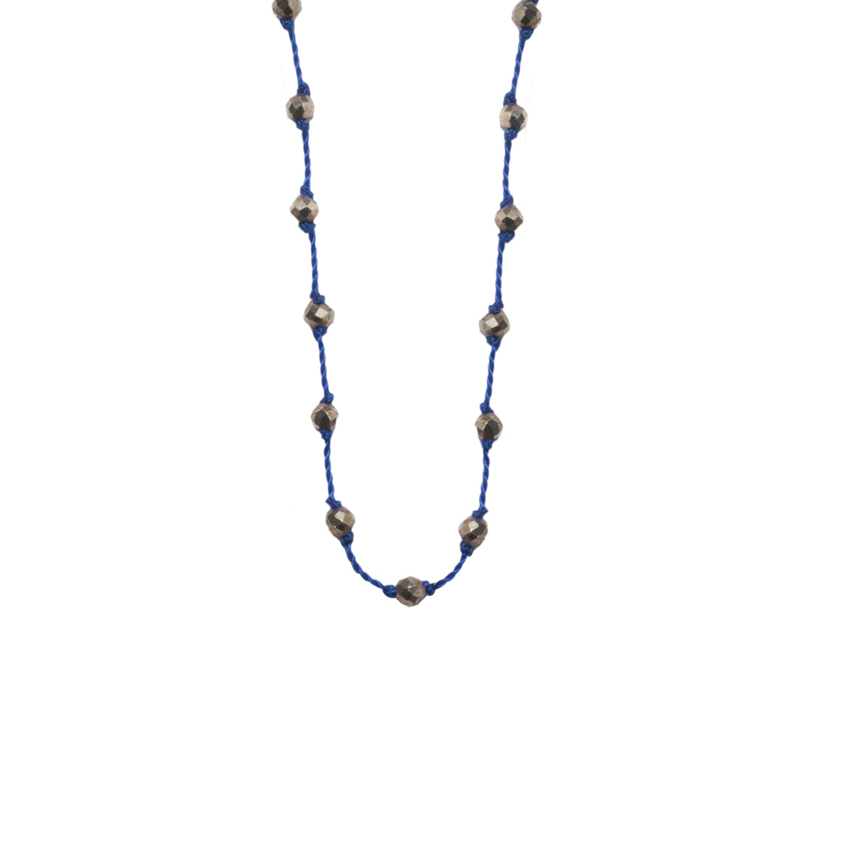 Silver Beady Beat Necklace with Pyrite Beads and 42cm Blue Cord