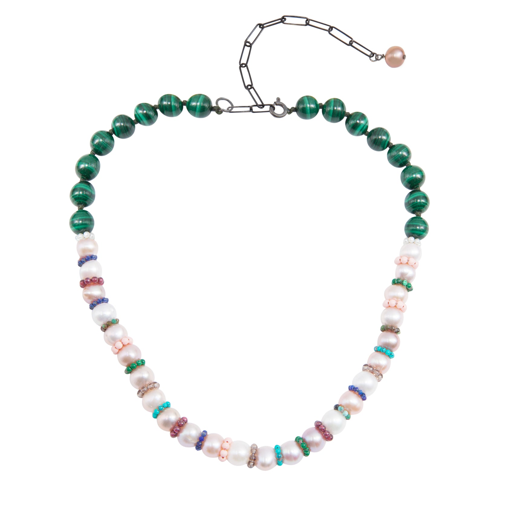 Sterling Silver Disco Pearl Necklace with Pearls, Malachite and multi stones