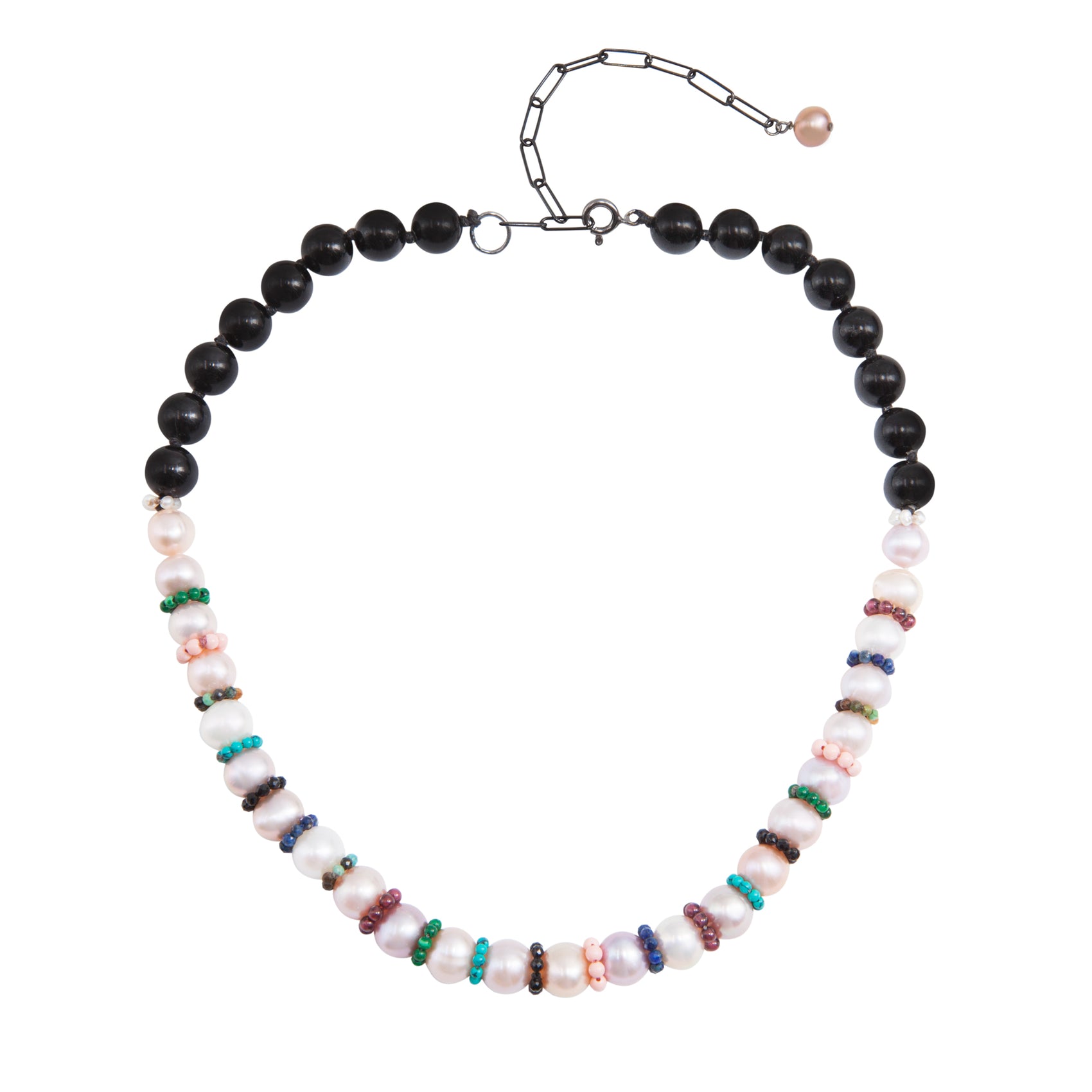 Sterling Silver Disco Pearl Necklace with Pearls, Black Tourmaline and multi stones