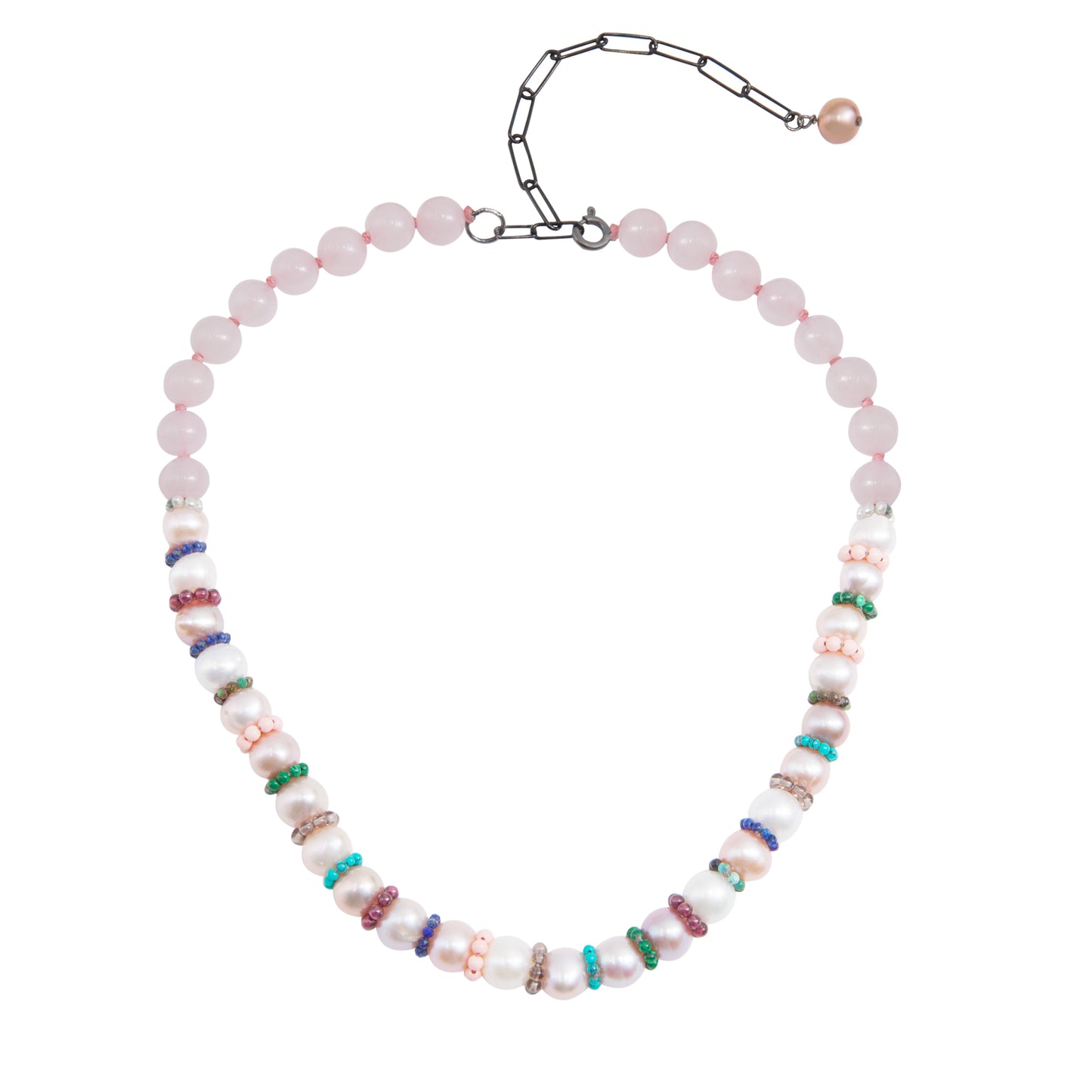 Sterling Silver Disco Pearl Necklace with Pearls, Rose Quartz and multi stones