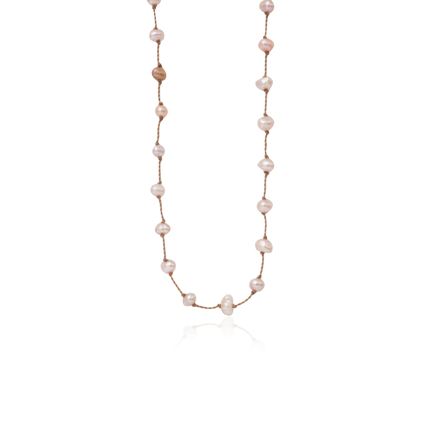 Silver Beady Beat Necklace with Baroque Pearl Beads and 60cm Beige Cord