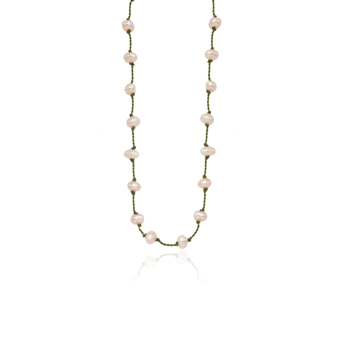 Silver Beady Beat Necklace with Baroque Pearl Beads and 80cm Olive Green Cord