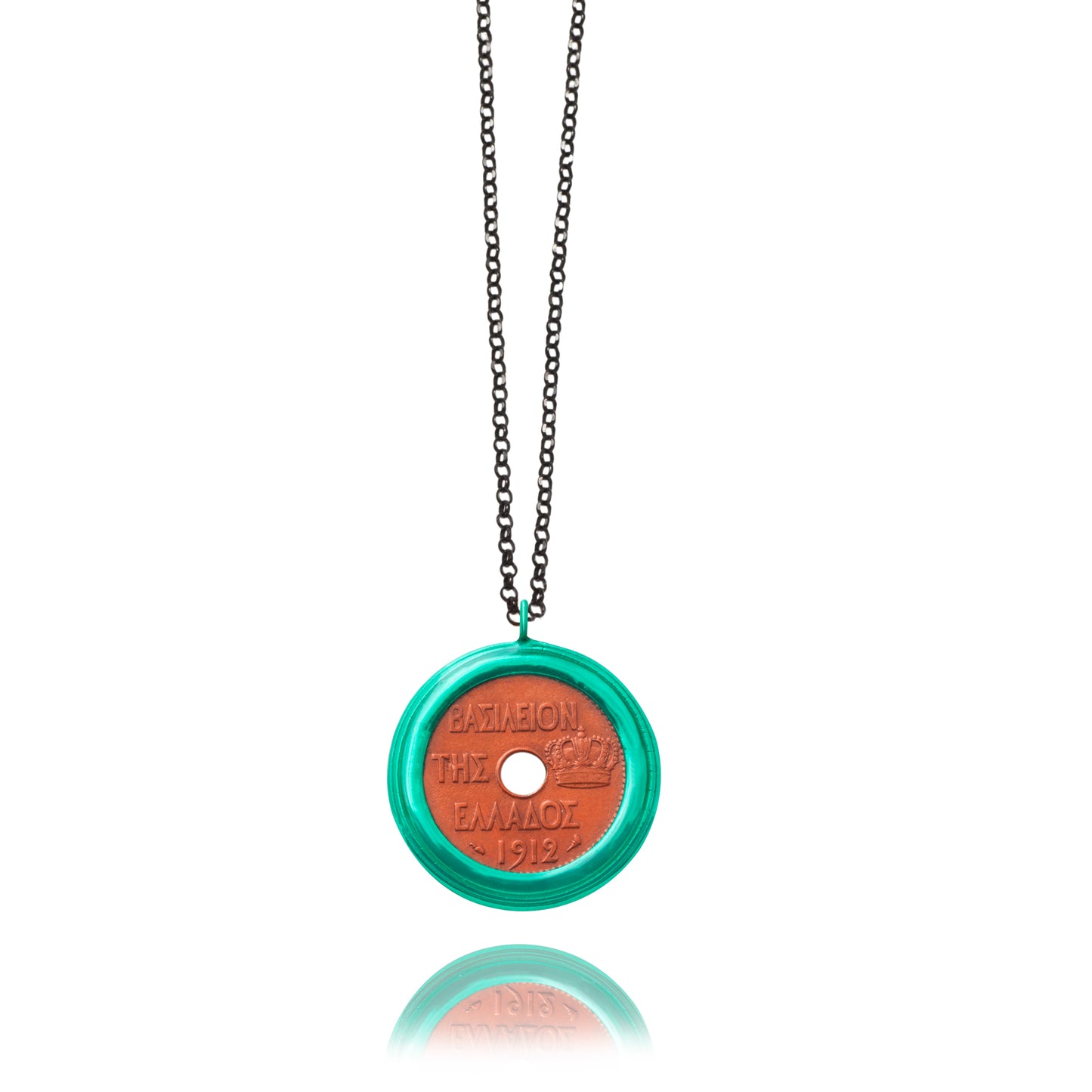 Necklace Money-Money With Enameled Medium Double Circle Coin and 45cm Sterling Silver Chain