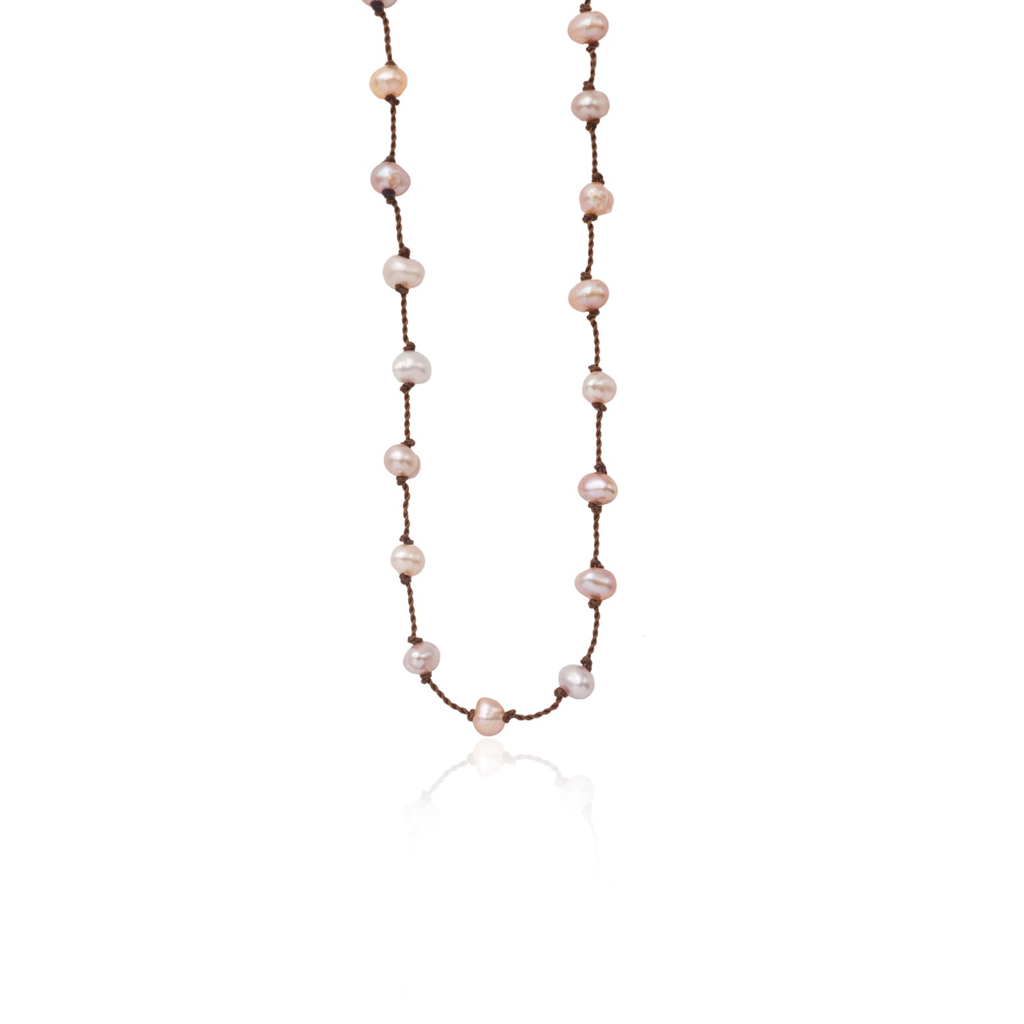 Silver Beady Beat Necklace with Baroque Pearl Beads and 60cm Brown Cord