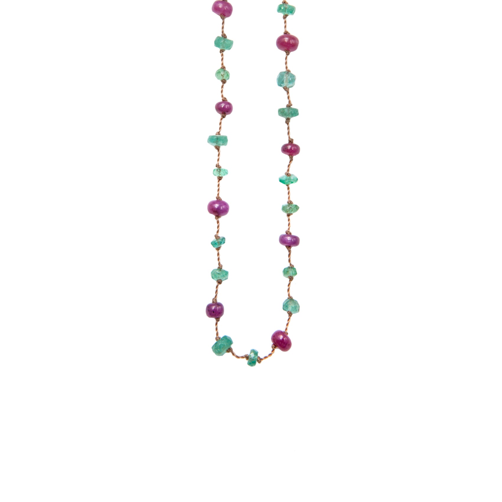 Necklace Beady Beat Fine Yellow Gold K14 with Emeralds, Rubies and 42cm Beige Cord