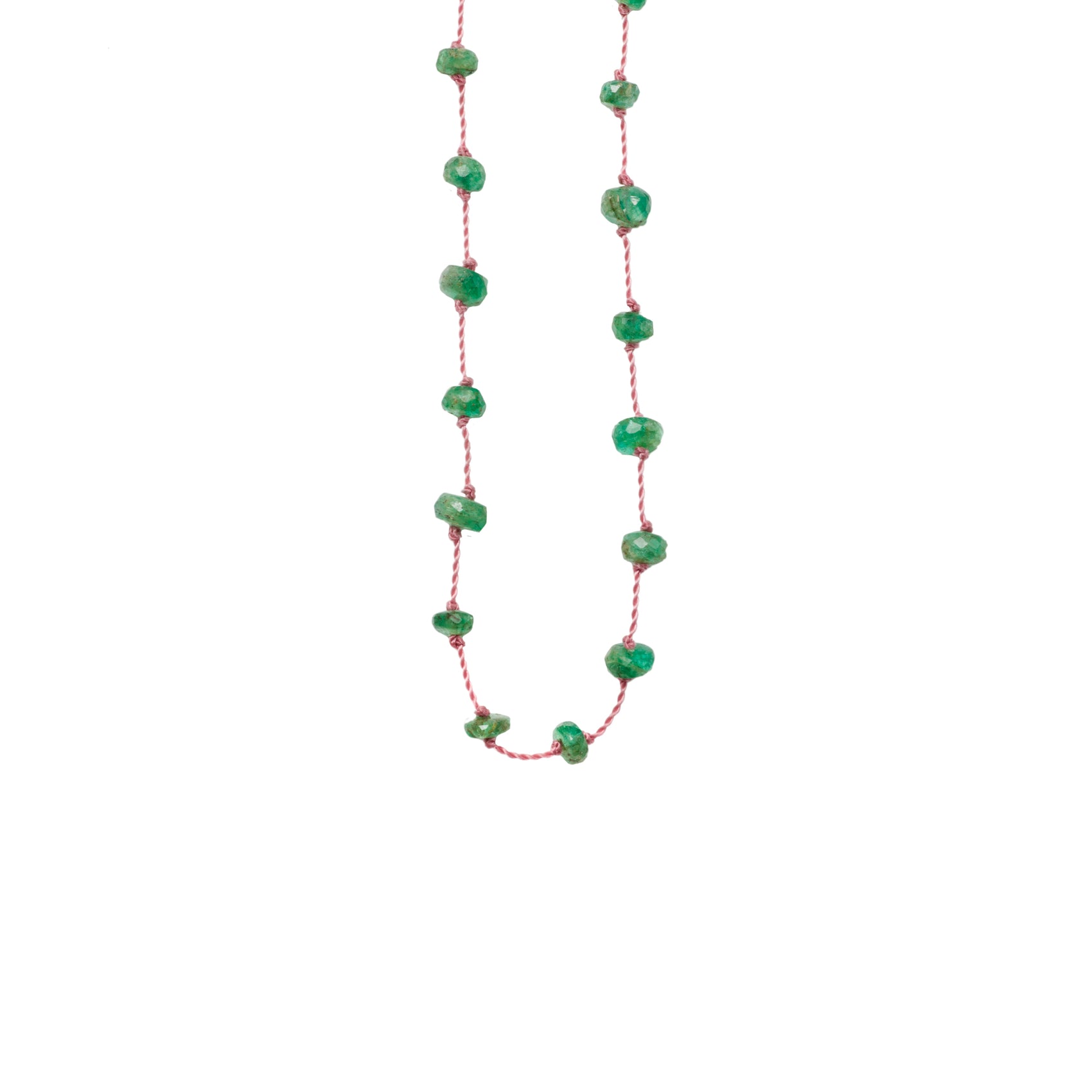 Necklace Beady Beat Fine Yellow Gold K14 with Emeralds and 58cm Pink Cord