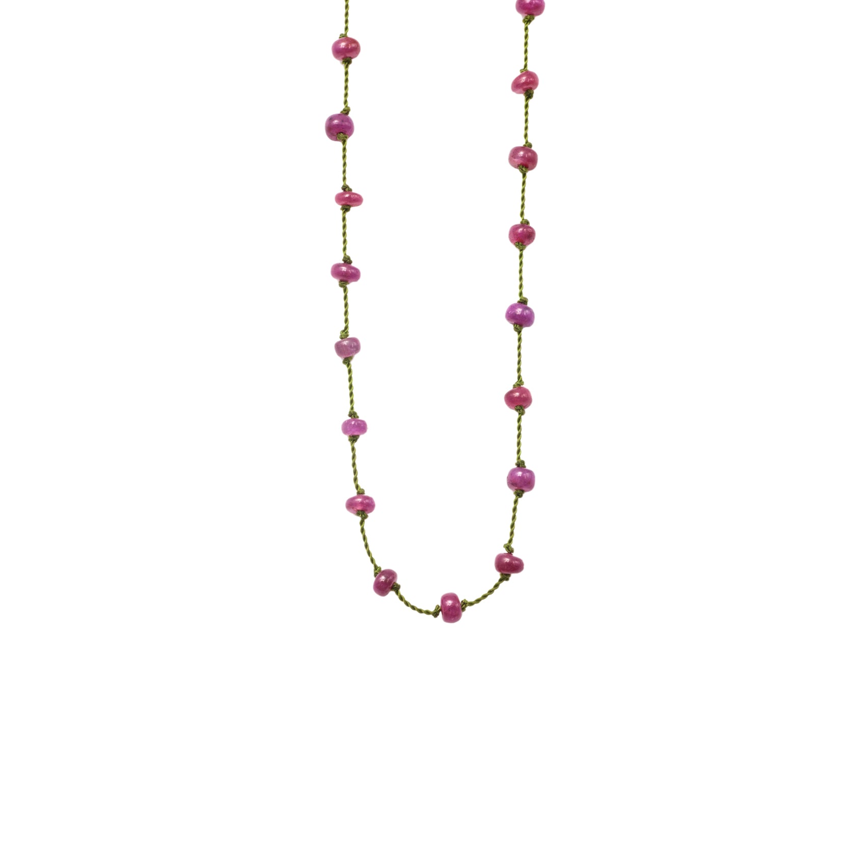 Necklace Beady Beat Fine Yellow Gold K14 with Rubies and 42cm Olive Green Cord