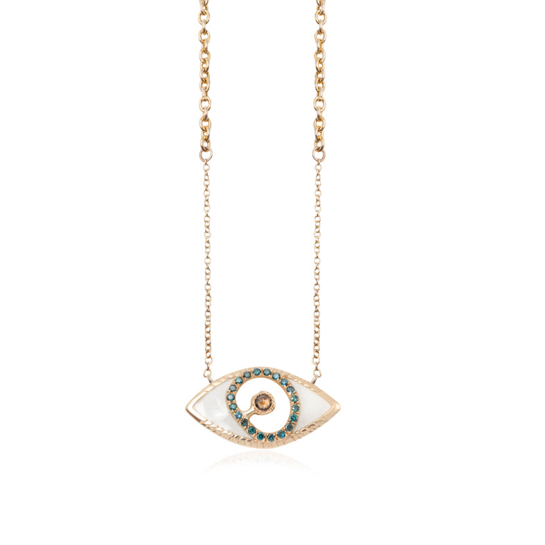 Necklace Matia K14 Gold with Mykonos Enamel, Diamonds and Handmade Clasp and Engraving