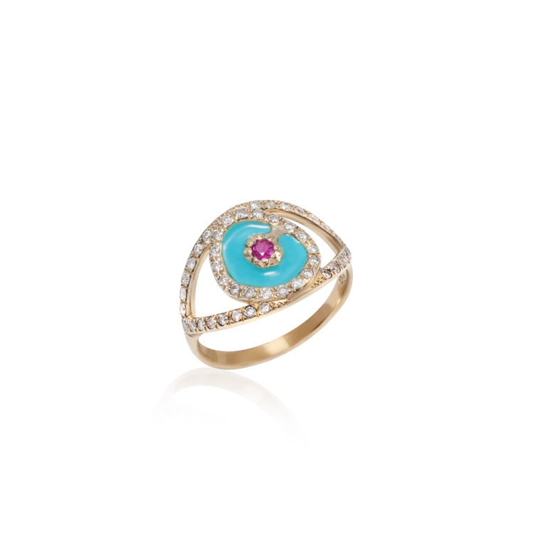 Ring Matia K14 Gold with Santorini Enamel, Diamonds, Sapphire and Handmade Engraving