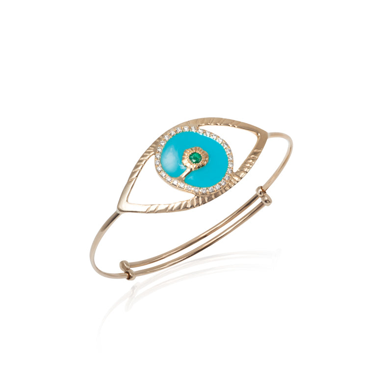 Bracelet Matia K14 Gold with Santorini Enamel, Diamonds, Emerald and Handmade Engraving