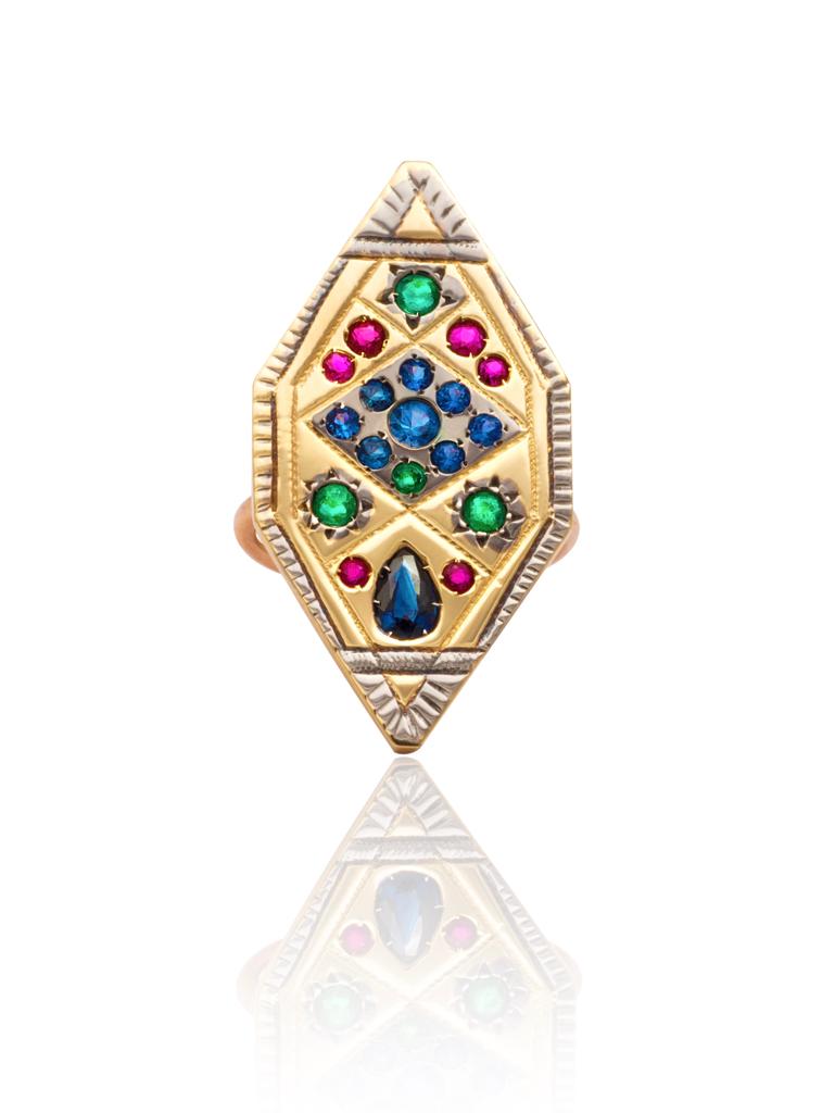 Ring Zuhno Fine Yellow Gold K9 with Sapphires, Emeralds and Rubies