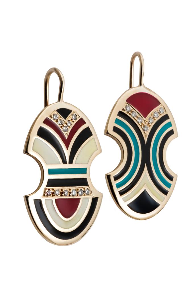 Earrings AspiS Fine Enameled Yellow ART DECO Gold K14 with Diamonds 0,09ct