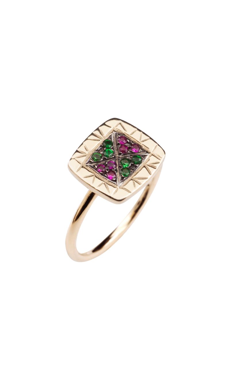 Ring Zuhno Fine Yellow Gold K14 with Rubies and Tsavorites