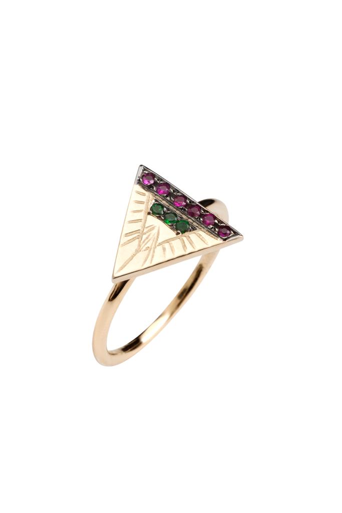 519 Ring Zuhno Fine Yellow Gold K14 with Rubies and Tsavorites