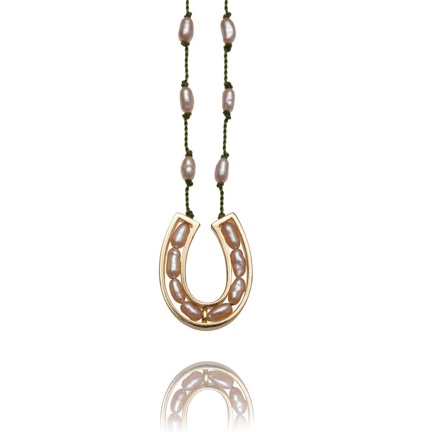 838-yellow gold-horseshoe-pearl-olive green cord-42