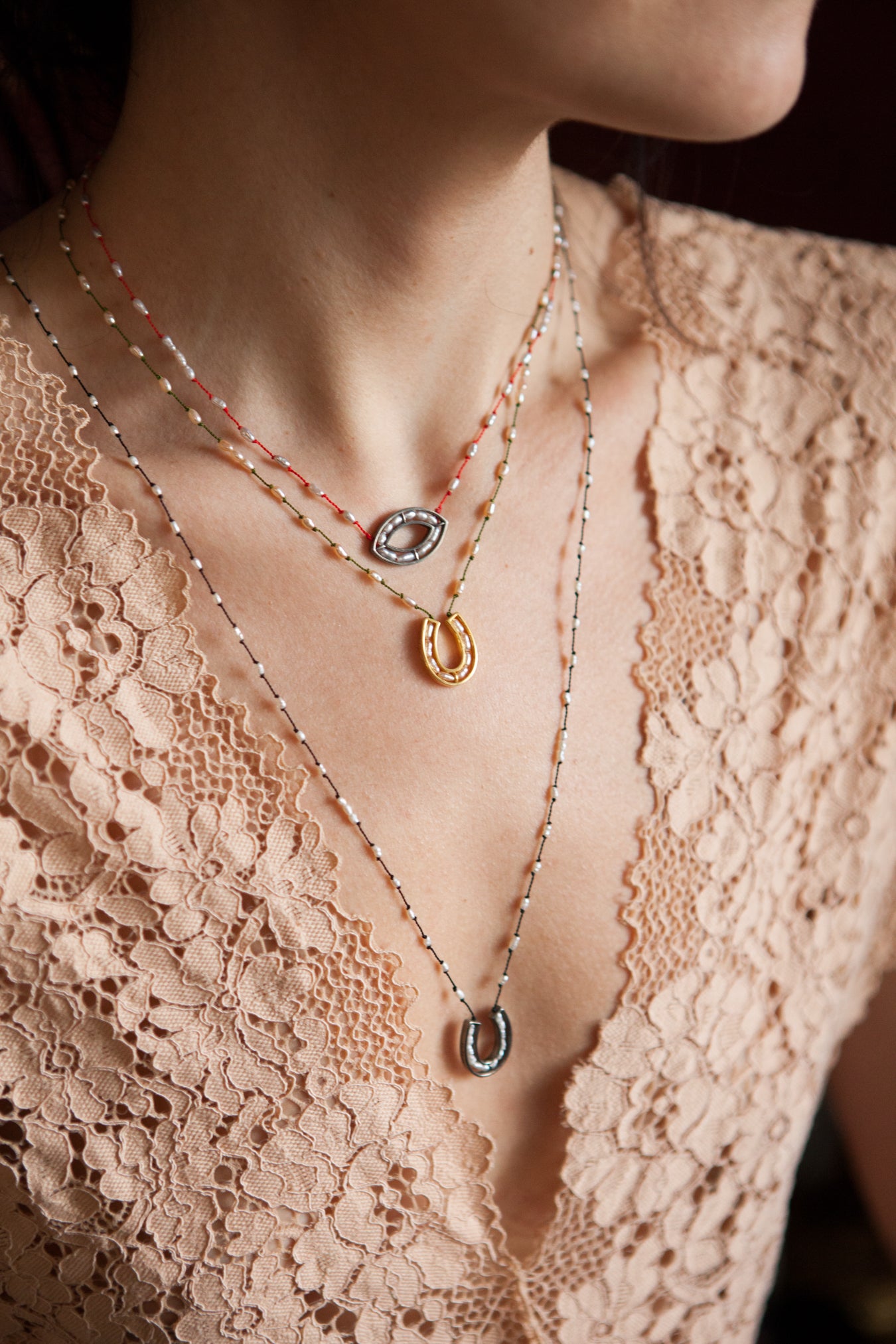 Pendant Necklace Silver Eye with Baby Pink Coral Beads