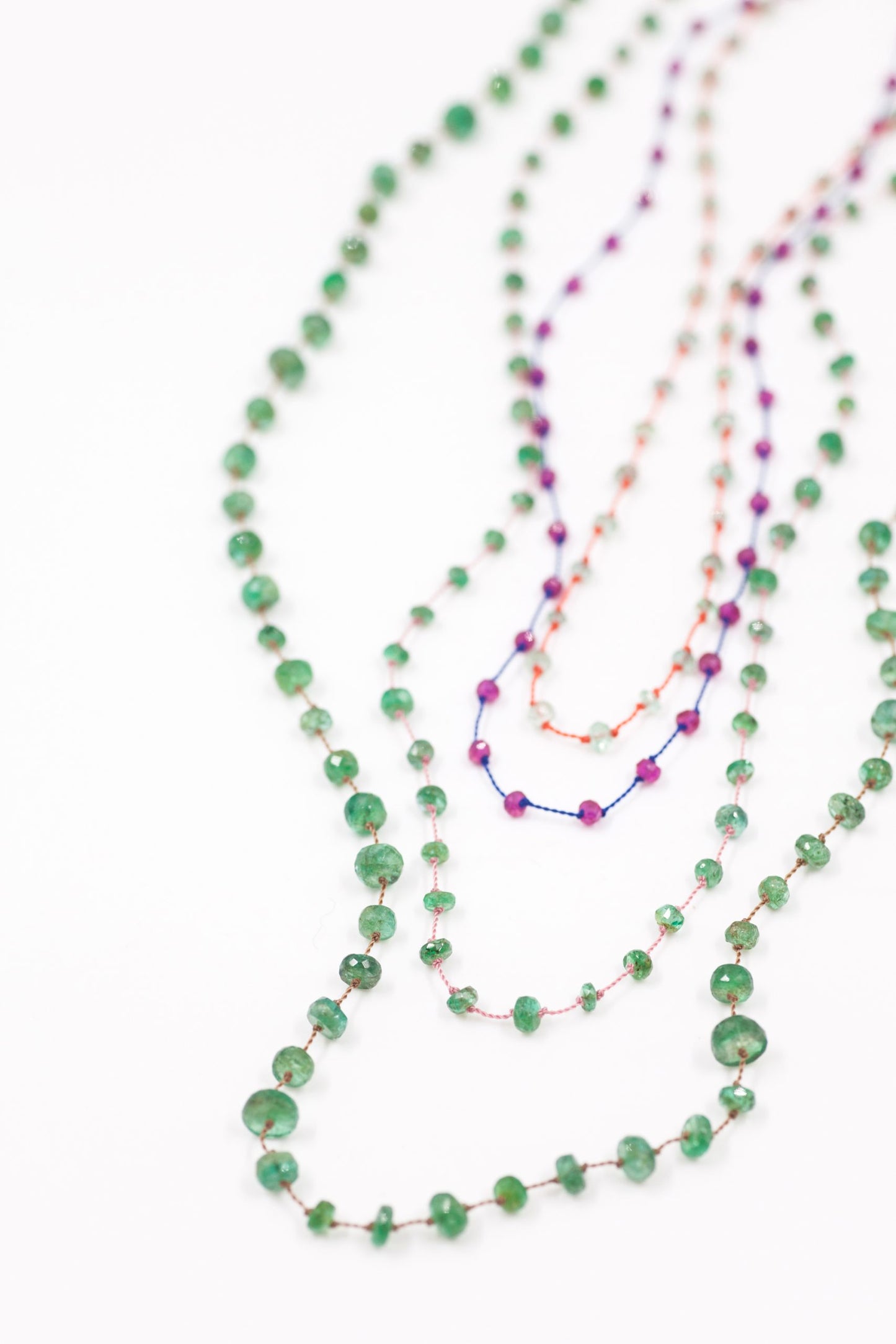 Necklace Beady Beat Fine Yellow Gold K14 with Emeralds and 58cm Pink Cord