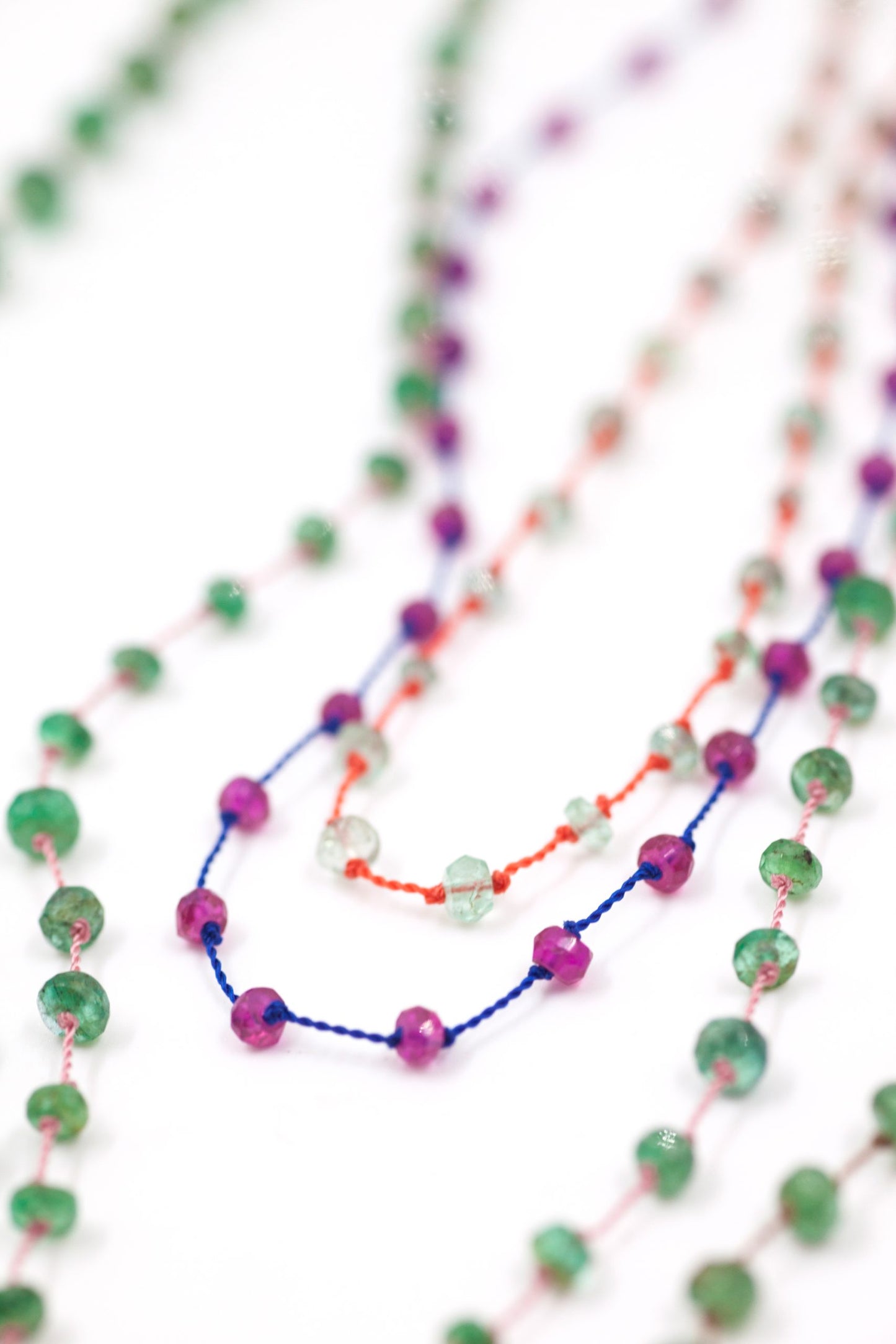 Necklace Beady Beat Fine Yellow Gold K14 with Emeralds and 58cm Pink Cord