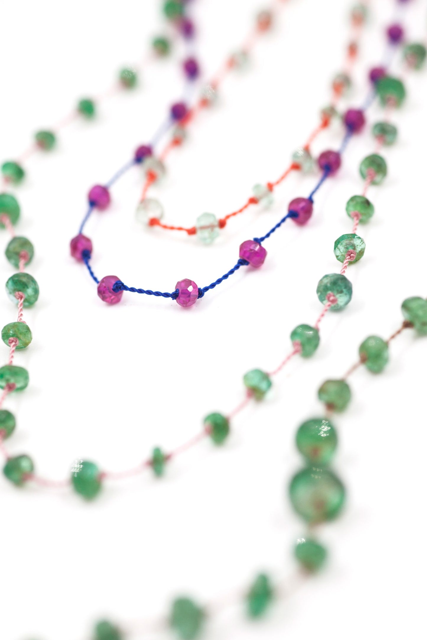 Necklace Beady Beat Fine Yellow Gold K14 with Light Green Emeralds and 42cm Orange Cord