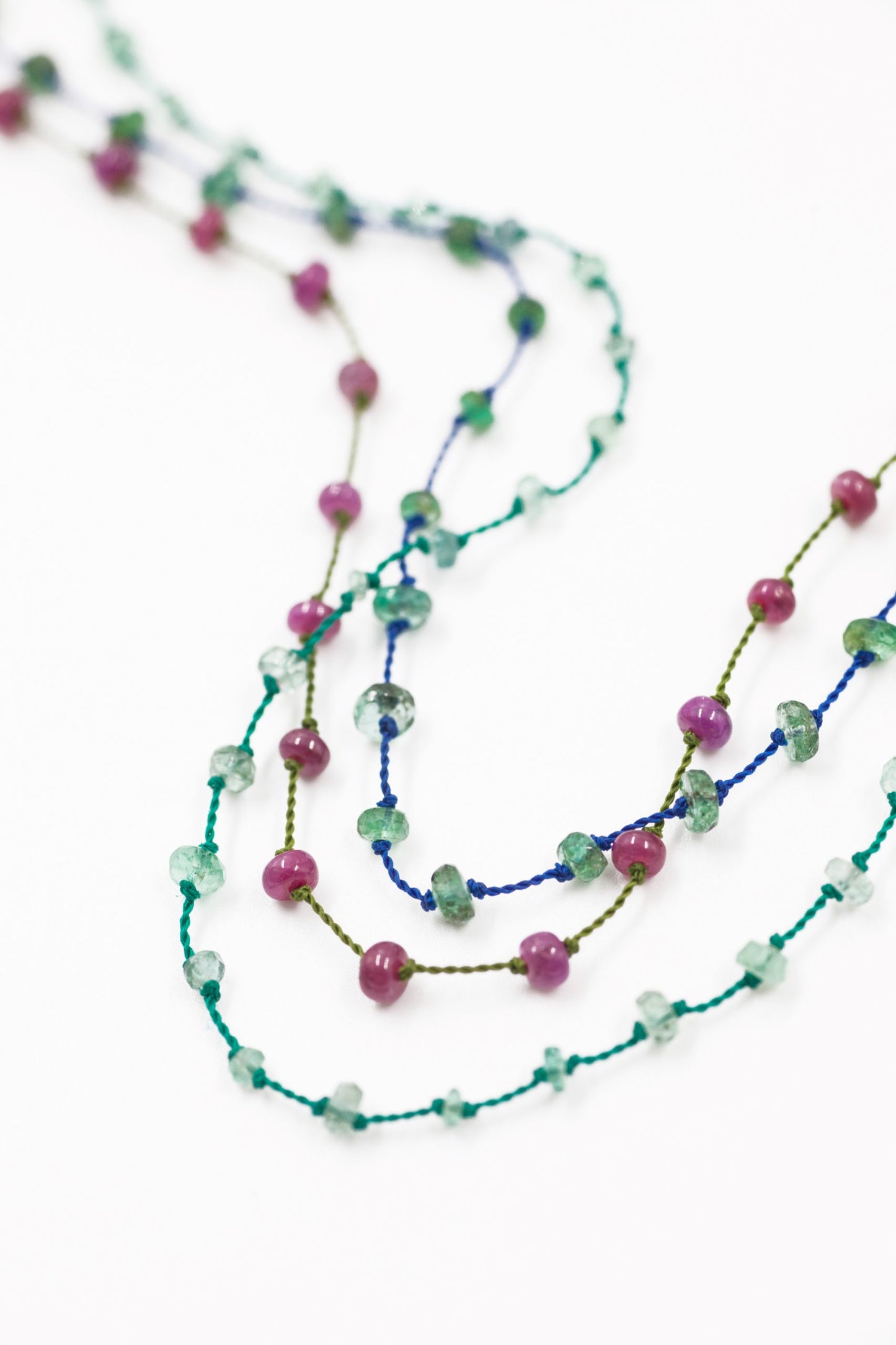 Necklace Beady Beat Fine Yellow Gold K14 with Emeralds, Rubies and 75cm Beige Cord