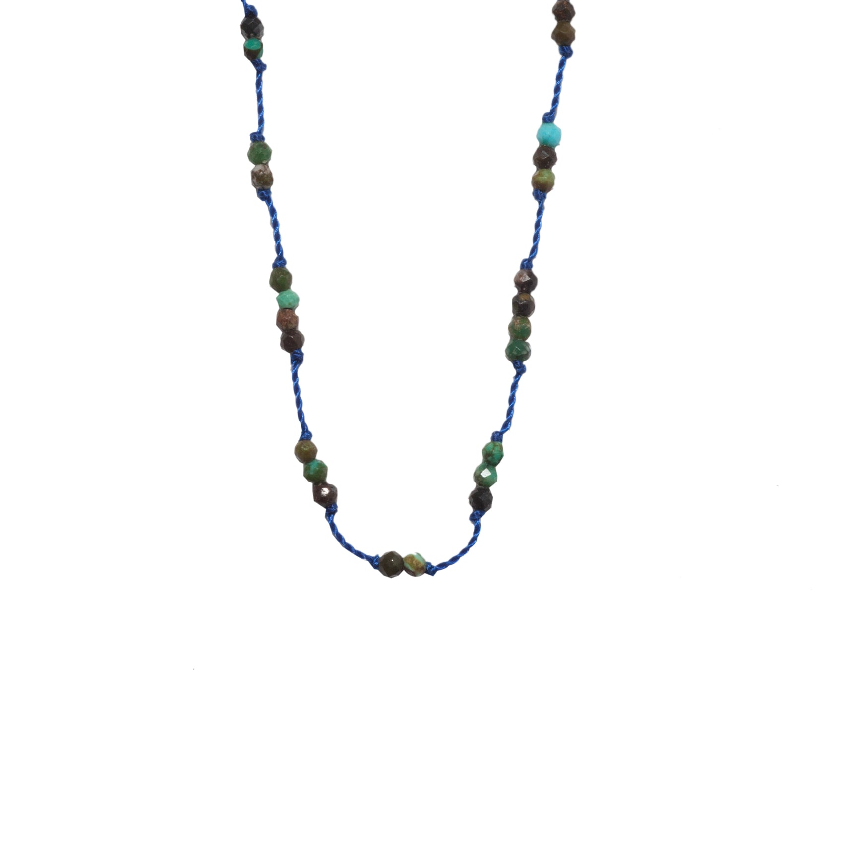 Silver Beady Beat Necklace with Oxidized Turquoise Beads and 42cm Blue Cord