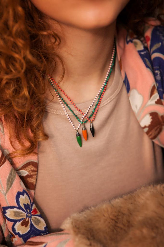 Necklace Soo Hot Chili with X-Small Orange Pepper, Malachite beads and Brown cord