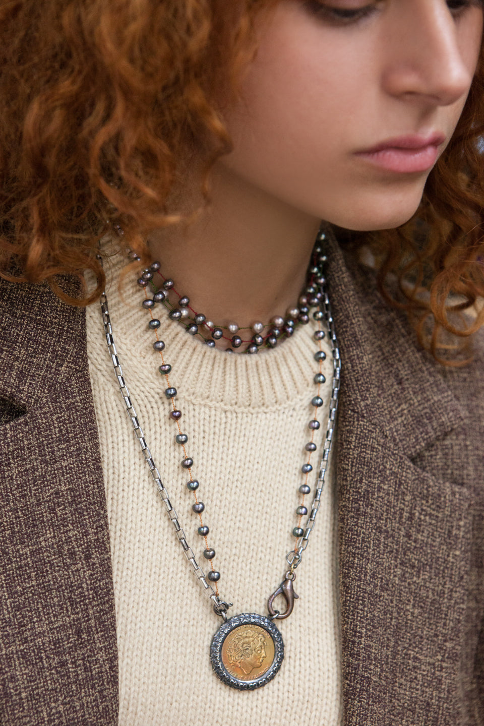 Silver Beady Beat Necklace with Bronze Pearls and 42cm Olive Green Cord