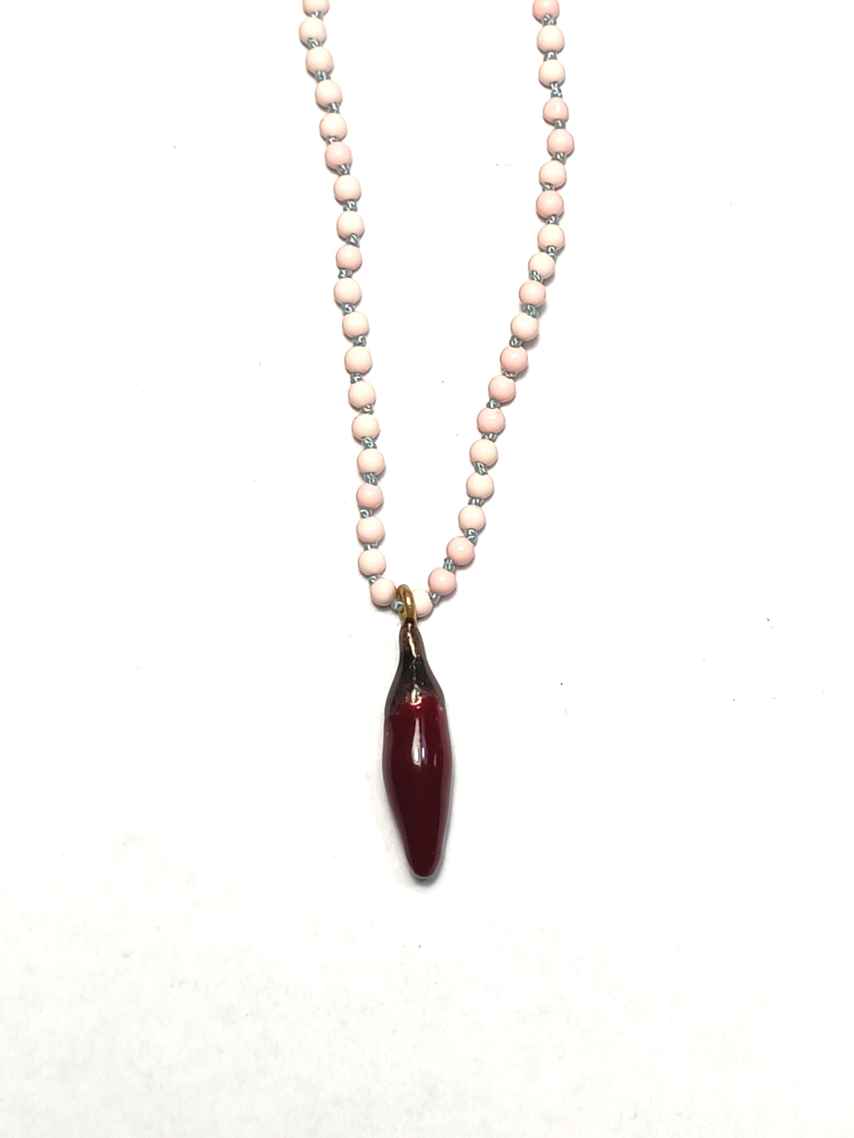 Necklace Soo Hot Chili with Small Burgundy Pepper, Baby Pink Coral beads and Aqua cord