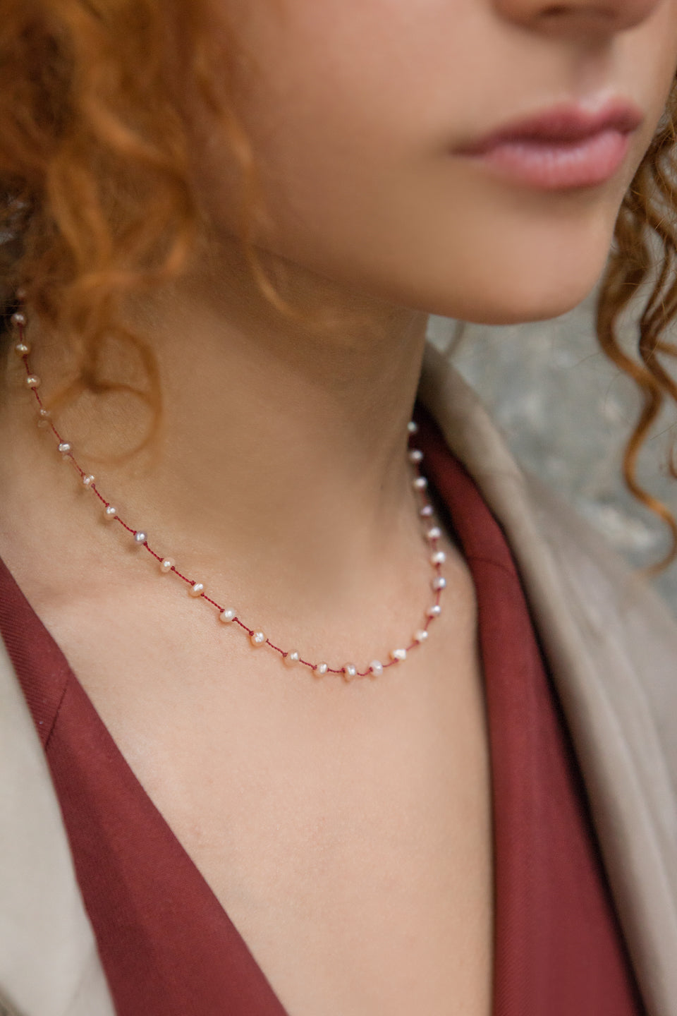 Silver Beady Beat Necklace with Baroque Pearl Beads and 42cm Garnet Cord