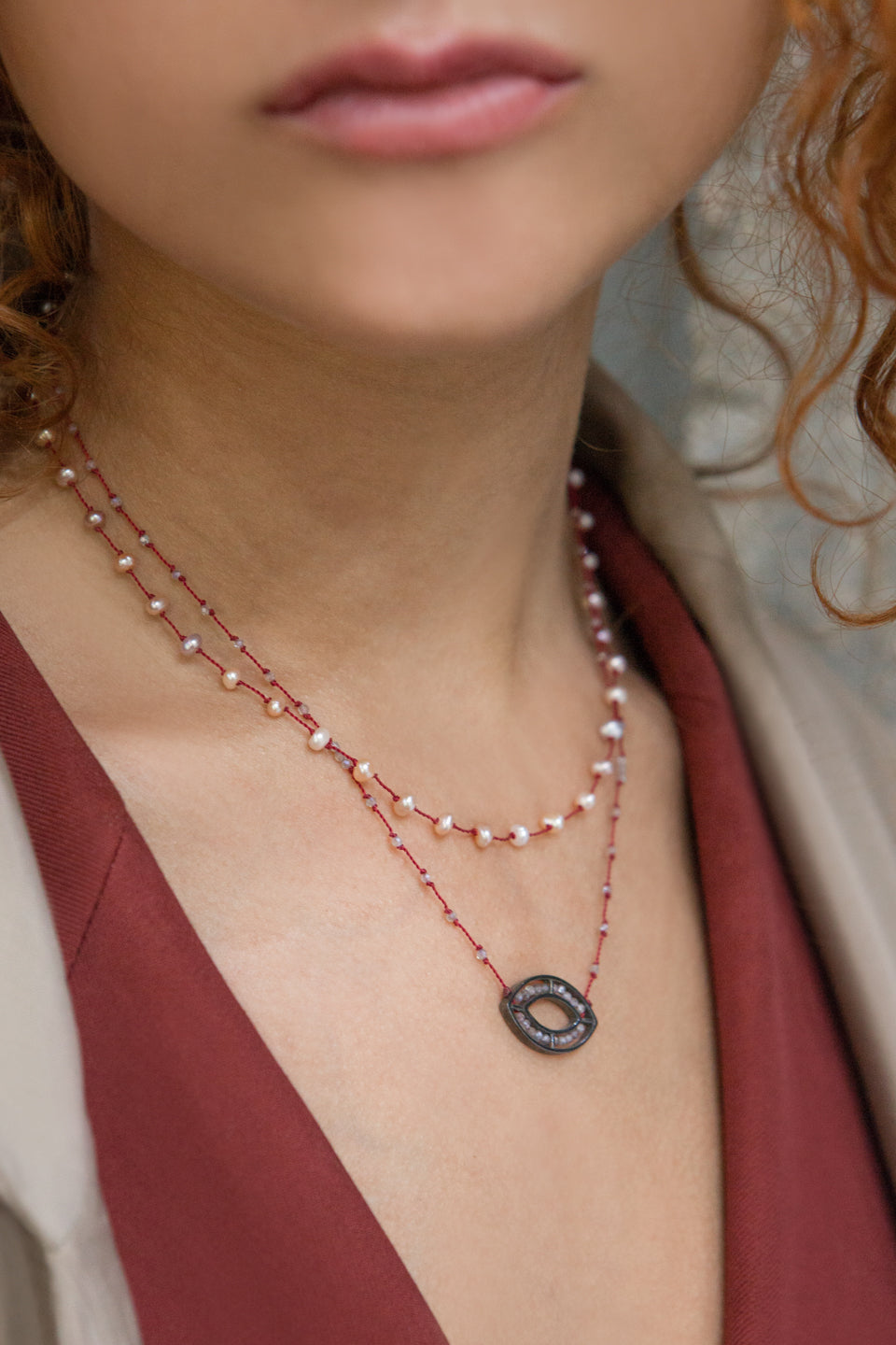 Silver Beady Beat Necklace with Baroque Pearl Beads and 42cm Garnet Cord