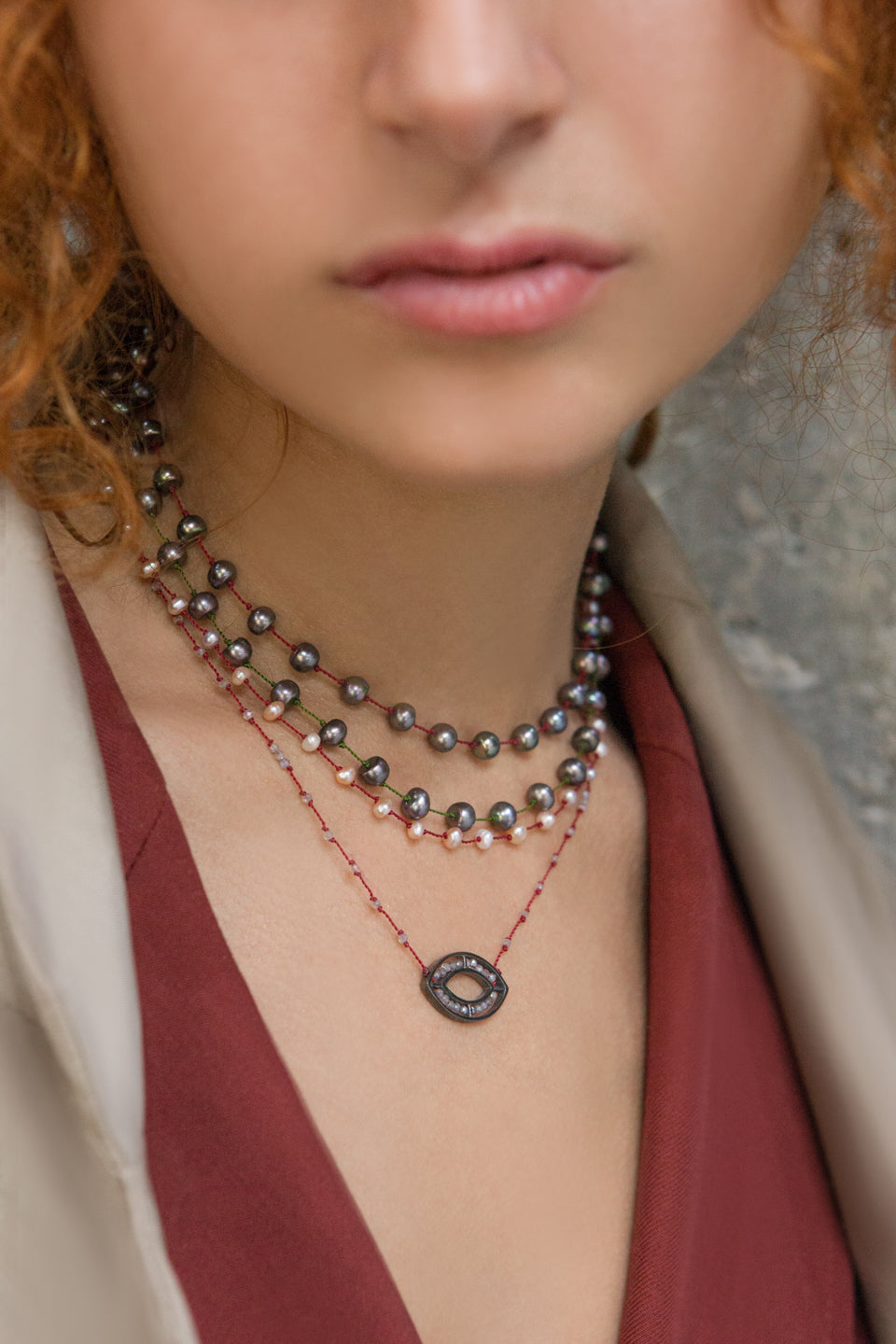 Silver Beady Beat Necklace with Baroque Pearl Beads and 42cm Garnet Cord