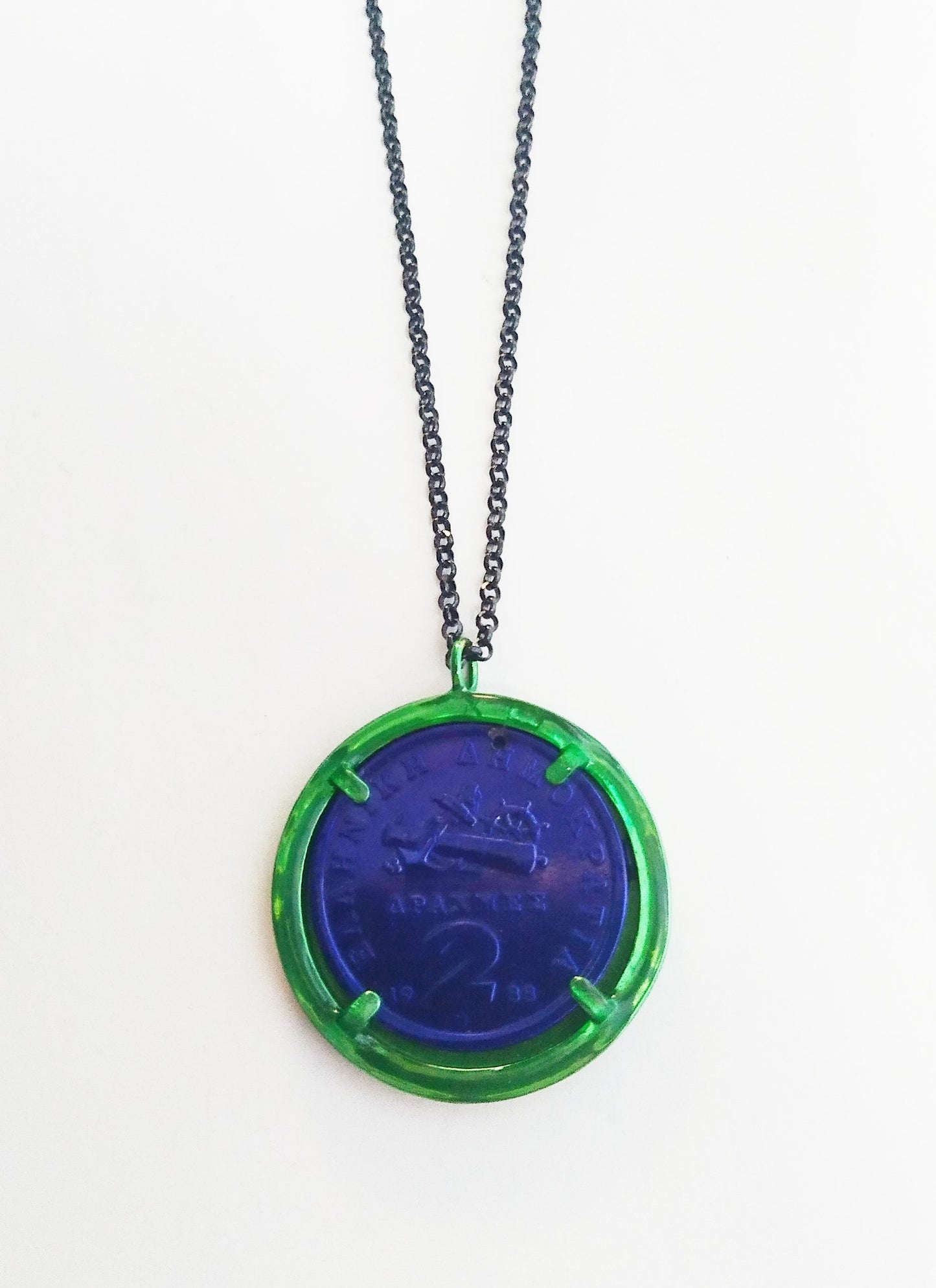 Necklace Money-Money With Enameled Medium Double Circle Coin and 45cm Sterling Silver Chain