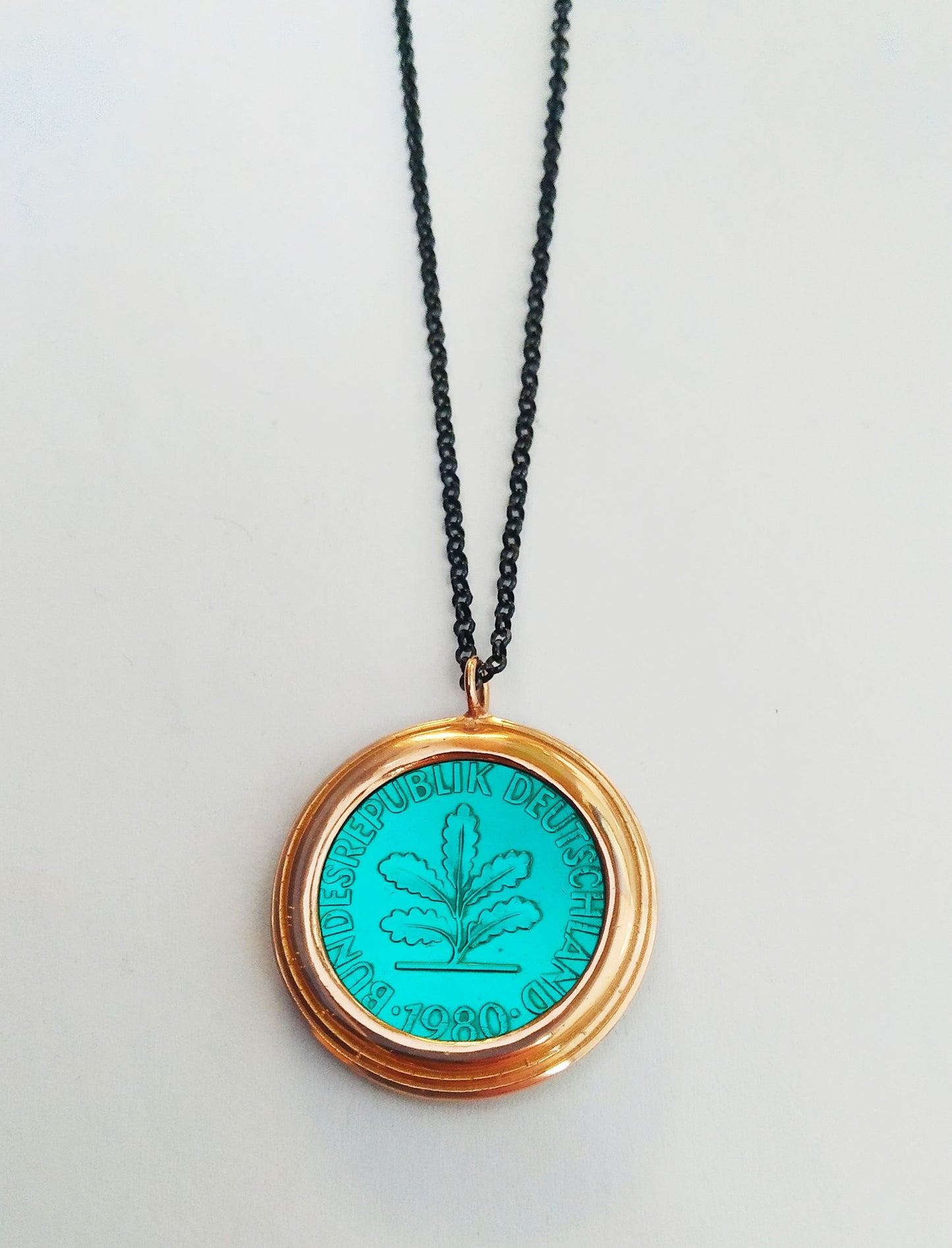 Necklace Money-Money With Enameled Medium Double Circle Coin and 45cm Sterling Silver Chain