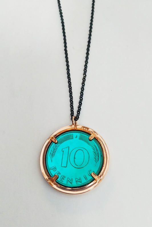 Necklace Money-Money With Enameled Medium Double Circle Coin and 45cm Sterling Silver Chain