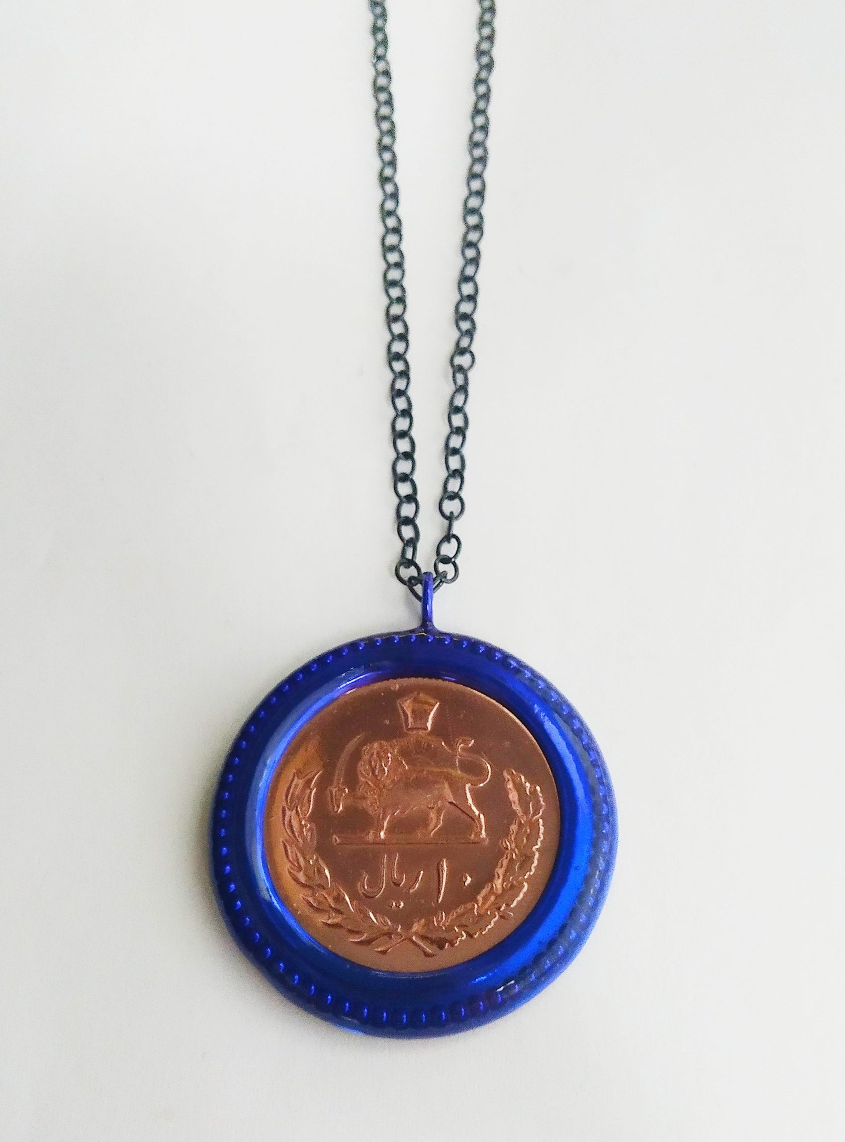 Necklace Money-Money With Enameled Extra Large Double Dot Circle Coin and 86cm Sterling Silver Chain