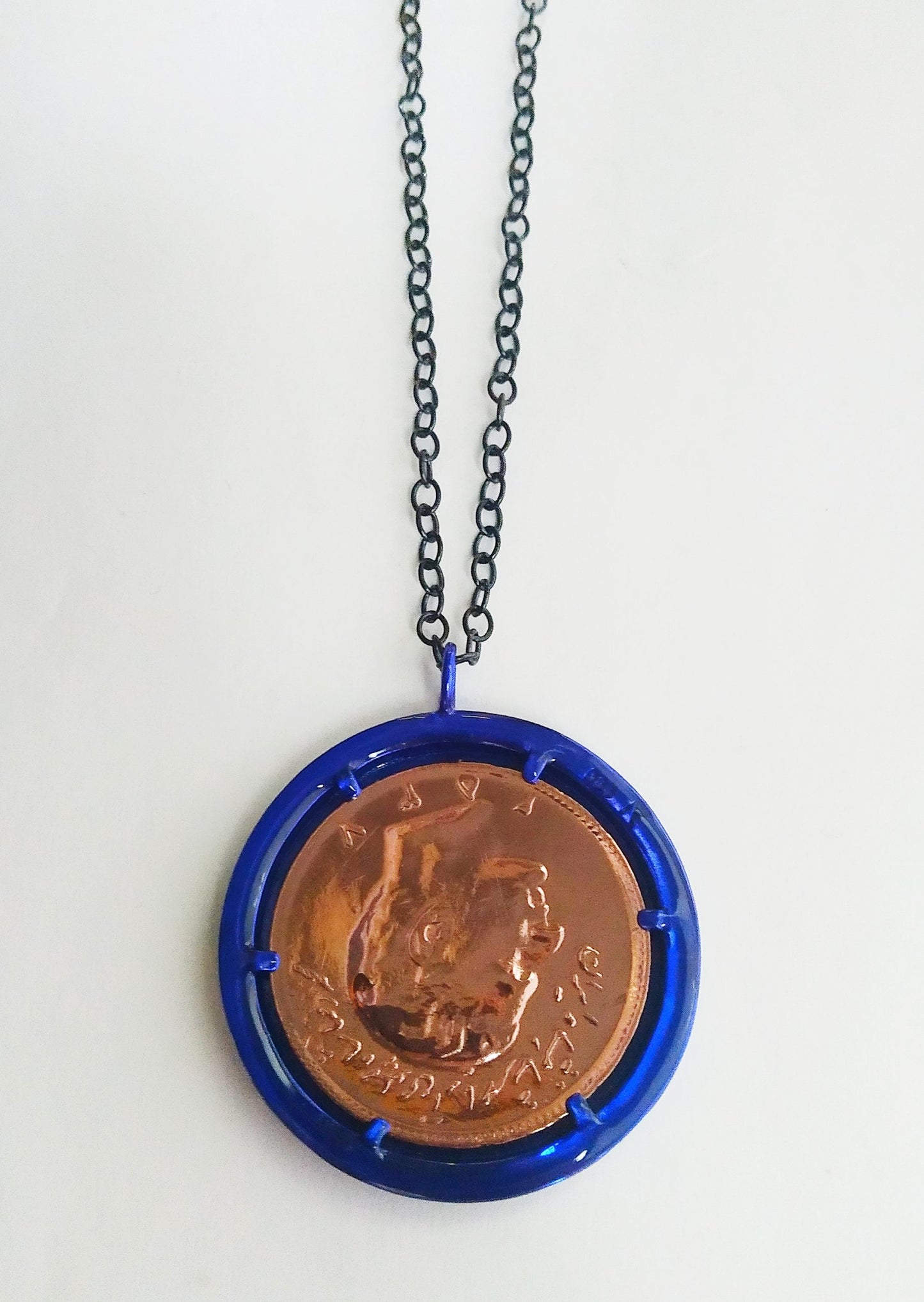 Necklace Money-Money With Enameled Extra Large Double Dot Circle Coin and 86cm Sterling Silver Chain