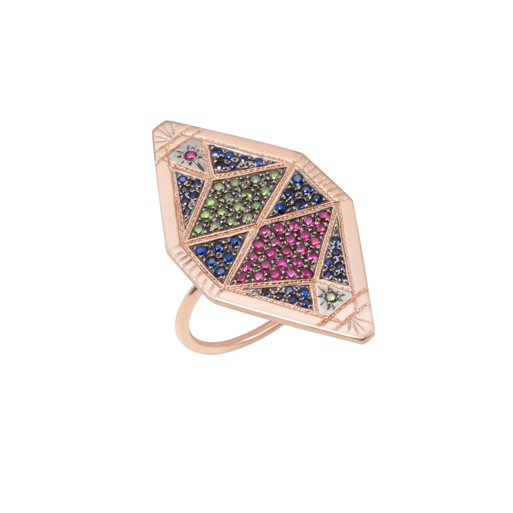 Ring Zuhno Fine Pink Gold K9 with Diamonds, Sapphires and Rubies 442