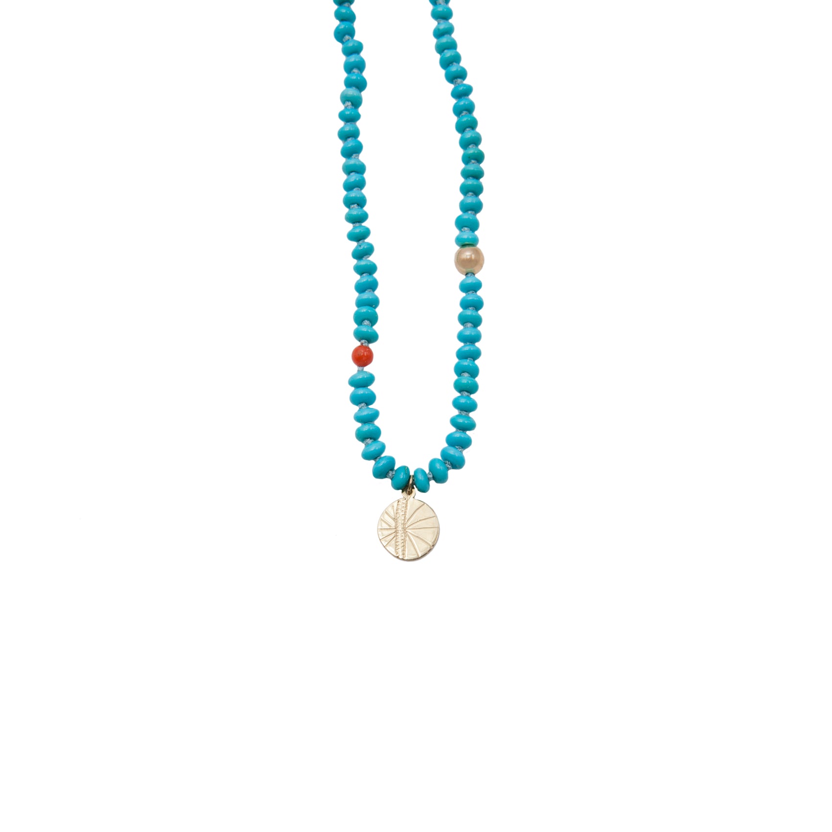 Necklace Zuhno Fine Yellow Engraved Gold K14 and K18 with Turquoise and Coral Beads, 45cm