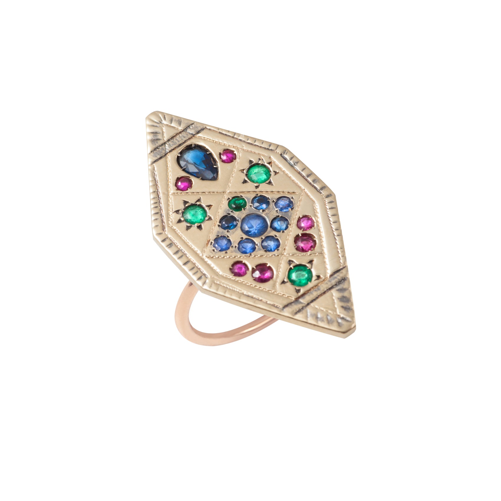 Ring Zuhno Fine Yellow Gold K9 with Sapphires, Emeralds and Rubies