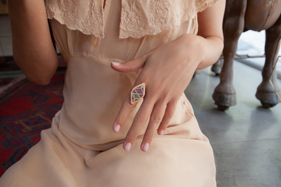 Ring Zuhno Fine Pink Gold K9 with Diamonds, Sapphires and Rubies 442