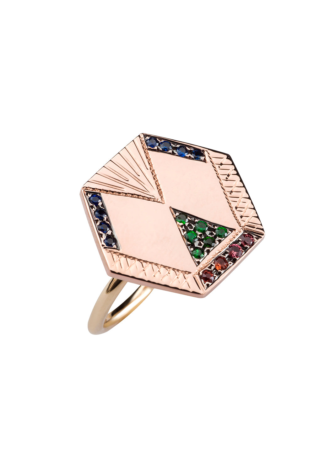 Ring Zuhno Fine Pink Gold K9 with Sapphires and Tsavorites