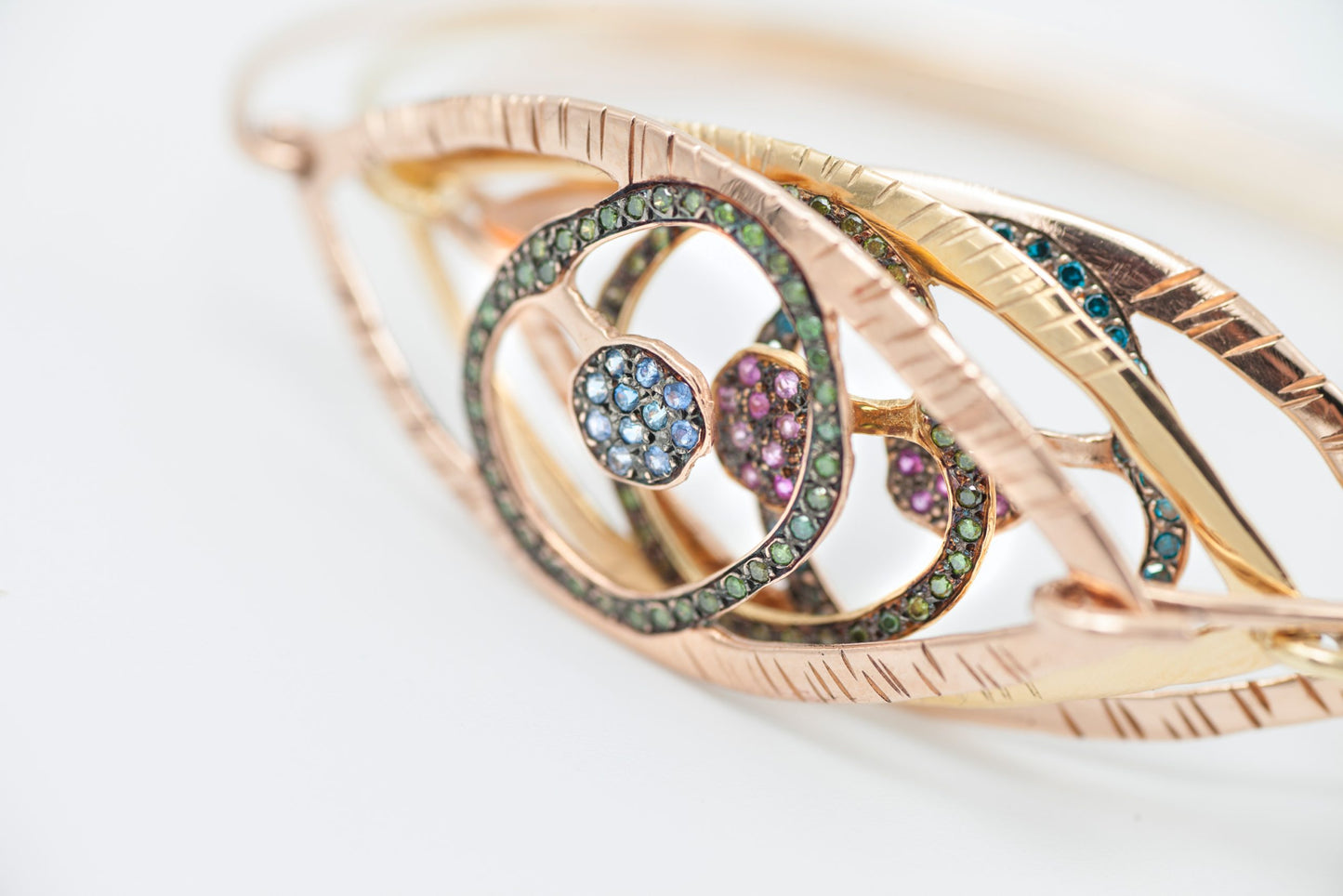 Bracelet Matia Fine Yellow K18 Gold with Green Diamonds, Pink Sapphires and Handmade Engraving