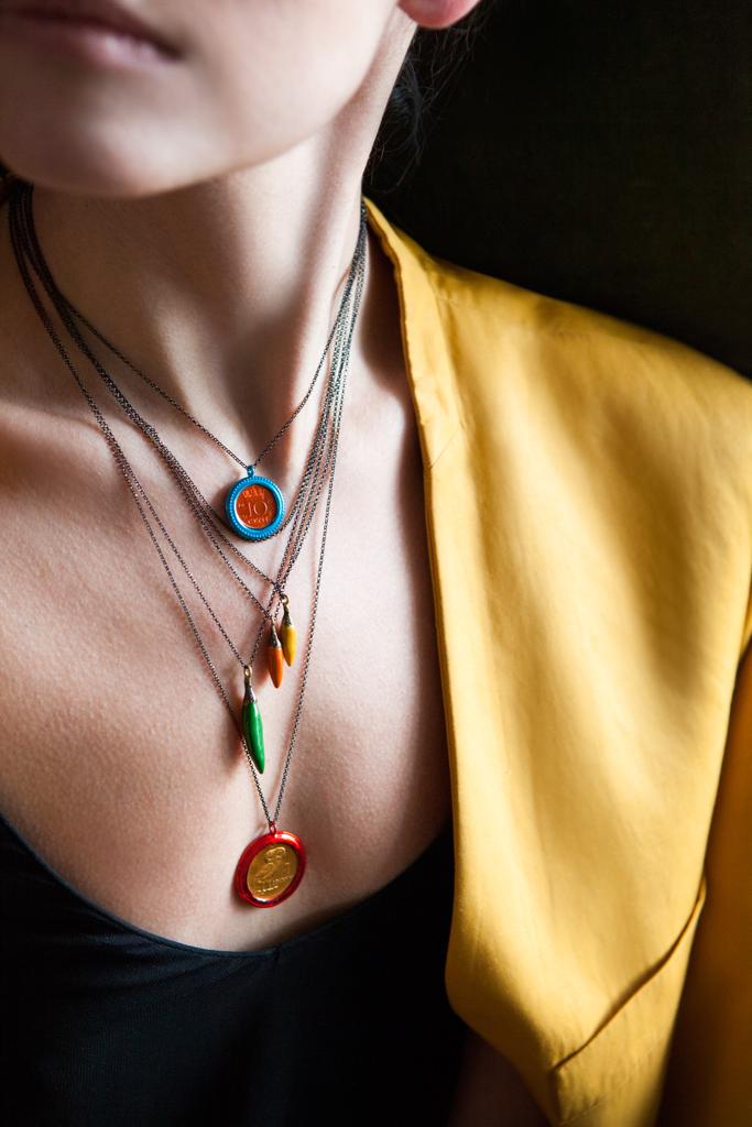 Necklace Soo Hot Chili with Large Yellow Pepper, Blue Cord and Malachite Beads